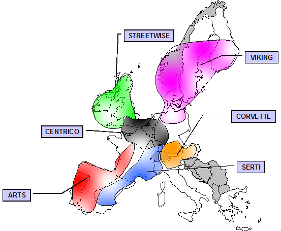 Map of different areas of the TEN-T network: Streetwise includes England, Scotland, and Ireland; Viking includes Scandinavia and parts of Germany; Corvette includes parts of Italy, Switzerland, Germany, and Austria; Serti includes parts of France, Spain, Italy, and Switzerland; Arts includes parts of France, Spain, and Portugal; and Centrico includes parts of France, Germany, Belgium, and The Netherlands.