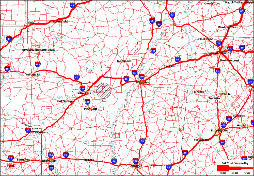 A regional map of Arkansas and western Tennessee showing major concentration of truck volumes on I-40 interrupted between Little Rock, AR and Memphis, TN where a segment of I-40 has been affected by flooding. A significant amount of the truck volume typically on I-40 in this segment is rerouted to the north on US67, US64, and SR1.