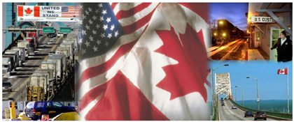 Collage of photographs including U.S.-Canada border crossing on highway, U.S. and Canada flags, U.S. Customs station, and Canadian highway.