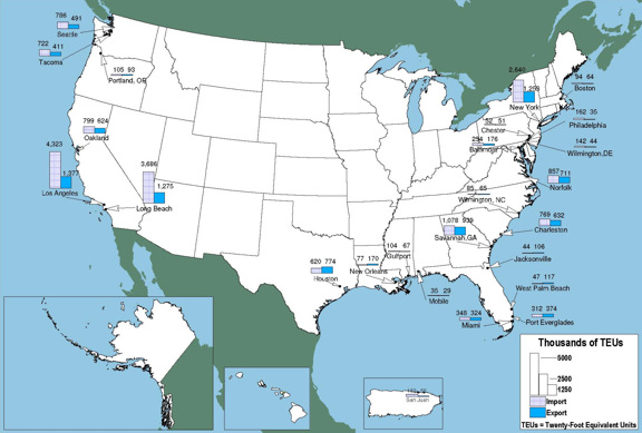 Figure 3-16. U.S. map showing that containerized cargo is concentrated primarily in the Ports of Los Angeles and Long Beach.