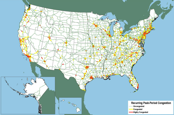 Figure 3-8. U.S. map showing heavy congestion in major cities and moderate congestion on intercity routes in California and Florida.