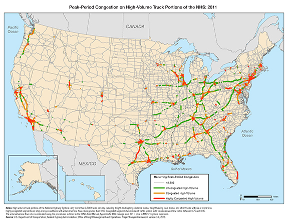 Figure 3-18. U.S. map showing heavy congestion on high volume truck routes in the largest cities and moderate congestion on highways routes in the Northeast, Northwest, and in California.