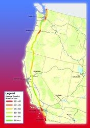 The graphic shows the western states and color coding to indicate ranges of average truck speed on Interstate 5. The lowest average speeds in the range of zero to 40 miles per hour are indicated near the Canadian border, in and around the cities of Seattle, Portland, Los Angeles, and San Diego. The highest average speeds in the range of 55 to 60 miles per hour and 60 miles per hour and more are indicated for stretches of highway between Seattle and Portland, between Portland and just north of the California state line, and from north of Sacramento to north of Los Angeles.