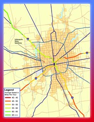 Approaching the city from the south, the average speed on I-65 was in the range of 45 to 50 miles per hour, increasing to the range of 50 to 55 miles per hour on the outskirts of the city. The average speed on I-65 was in the range of 55 to 60 miles per hour in the city limits, and in the range of 60 to 65 further north. The average speed on I-70 from the east was in the range of 45 to 50 miles per hour, increasing to the range of 50 to 55 miles per hour in the city limits. Southwest of the city the average speed was in the range of 45 to 50 miles per hour.