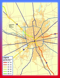 Approaching the city from the south, the average speed on I-65 was in the range of 45 to 50 miles per hour, increasing to the range of 50 to 55 miles per hour in the city, and to the range of 55 to 60 miles per hour north of the race venue. A stretch of I-65 outside the city was in the range of 50 to 55 miles per hour. The average speed on I-70 from the east was in the range of 45 to 50 miles per hour, increasing to the range of 50 to 55 miles per hour in the city limits, and continuing southwest of the city.