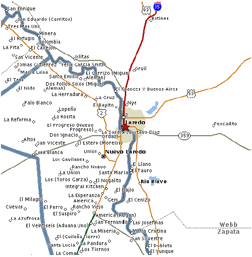 This is a map of the Laredo Border Crossing Region. Major routes that run through Laredo include: 35, 359, 59 and 2.