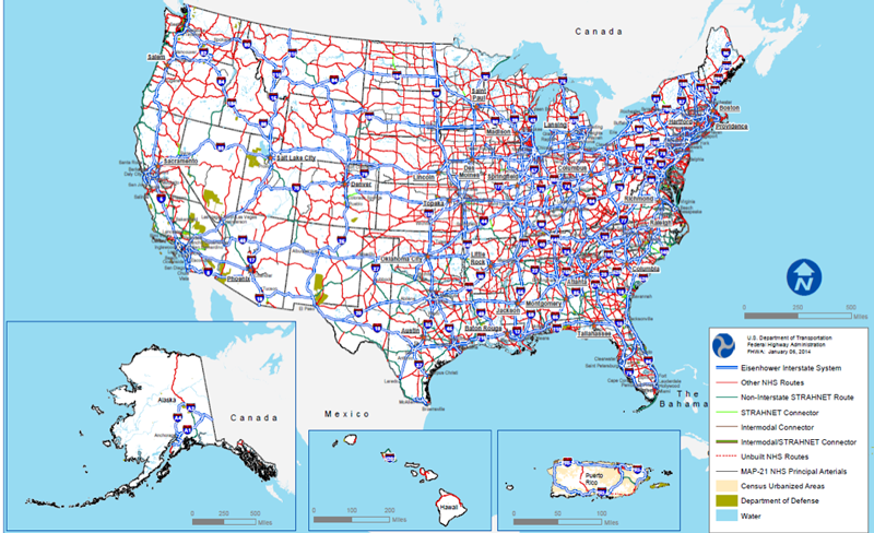 Exhibit is an outline map of the 48 contiguous states and insets for Alaska, Hawaii, and Puerto Rico showing the individual routes, systems, and connectors that encompass the National Highway System.