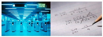 Photos of a transit station's entry gates and a mathematical computation.