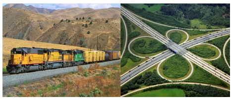 Photos of a train and a clover leaf.