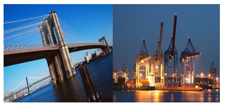 Photos of a bridge and a port facility.