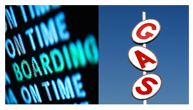 Photos of an airport flight status board and a gas station sign.