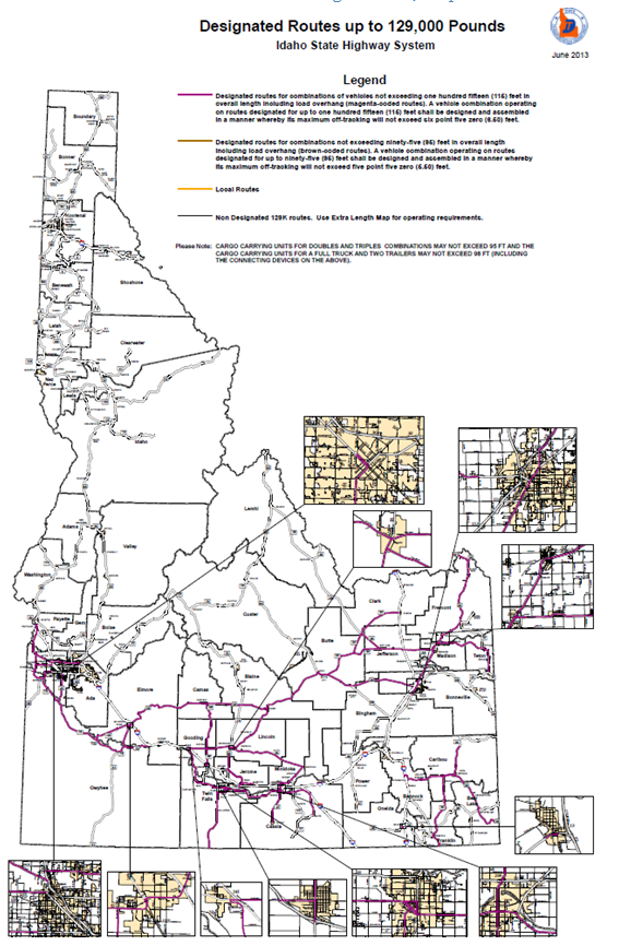 Road map of the State of Idaho with several towns and cities blown up to depict roads within those localities. Different routes are color coded to designate allowed routes for combination vehicles that fall within defined length specifications  and weigh up to 129,000 pounds as well as to identify local routes.