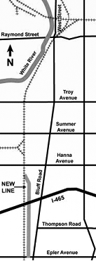 Dixie Siding map showing rail track and roadways in Indianapolis.  East-west roadways, starting at the top of the map, include Raymond Street, Troy Avenue, Summer Avenue, Hanna Avenue, Interstate 465, Thompson Road, and Epler Avenue.  North-south roads include West Street and Bluff Road.  The map shows the highway-rail crossing at West Street.  The Dixie siding is shown starting below the intersection of Hanna Avenue and Bluff Road, on the lower left side of the figure.