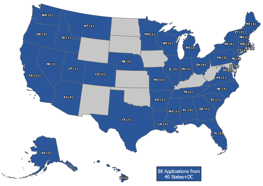 Advanced Transportation Technology and Innovation (ATTAIN) FY 2023-2024 Map - 88 applications from 41 states plus District of Columbia