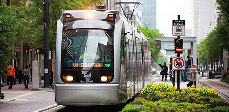 Light rail train in city