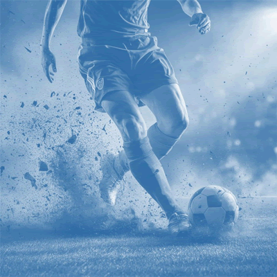 Blue background of a person kicking a soccer ball