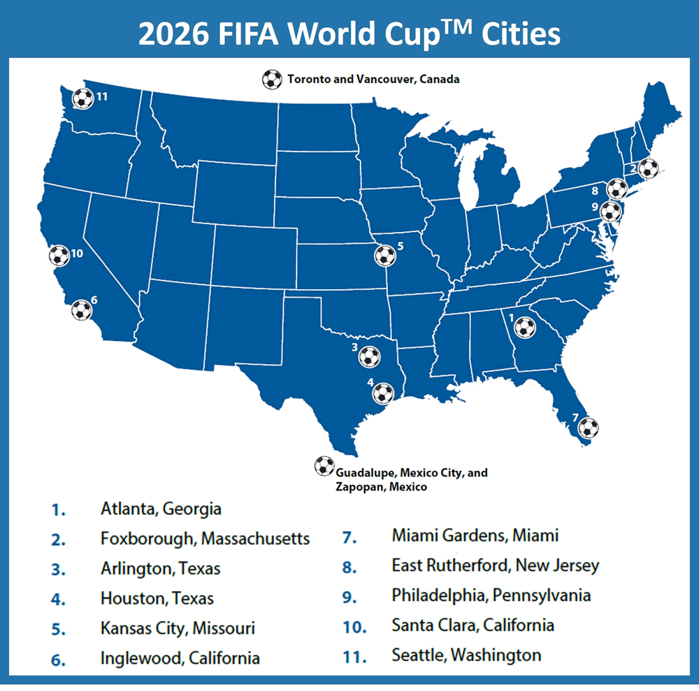 Blue map of the continental United States with State borders shows soccer ball icons to reflect the 11 US cities hosting the 2024 FIFA World Cup.