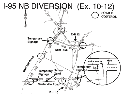 A black and white map depicts the drawing of an alternate route plan with traffic control measures. The map includes the main interstate as well as the alternate route, and traffic control measures such as temporary signage, school zones, and police controls are noted on the map.