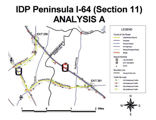 A map drawing depicts an alternate route plan. Various routes, freeways, and streets are denoted using different colors. A legend defines which colors represent which streets. The specifics of the alternate route plan are shown using different colored arrows alongside the routes.