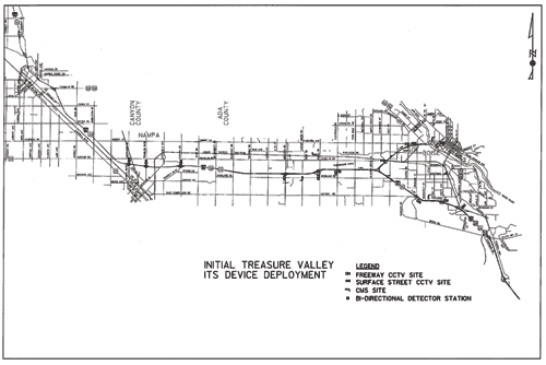 A black and white map drawing depicts the location of intelligent transportation system equipment in relation to the main Interstate and the alternate route. Among the equipment tracked by the map are freeway closed circuit television cameras, surface street closed circuit television cameras, changeable message sign sites, and a bi-directional detector station.