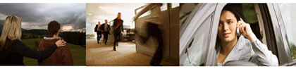 Three photographs of (1) the rear view of two people standing under cloudy sky in valley, (2) businesspeople running past office cubicles, and (3) businesswoman using cell phone in car