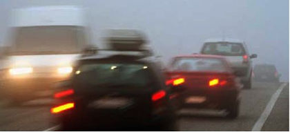 Photograph showing driver's point of view of traffic ahead and oncoming