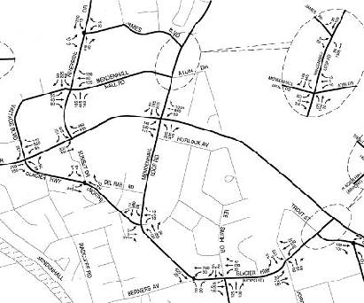 drawing that illustrates the turning movement traffic volumes at the major intersections in the study area. The figure shows Egan Drive, Mendenhall Loop, Riverside Drive, Glacier Highway, Mendenhall Mall, James Boulevard, and Vintage Boulevard.