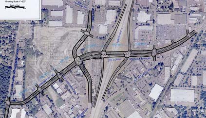 drawing showing the layout of the roadway network around the site with numbered intersections and driveways. The intersection numbers correspond to bubbles (not pictured) that show the turning movements traffic volumes at the intersection. A partial bubble is shown in the figure for intersection nine.