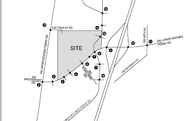 double line sketch drawing laid out on an aerial view site plan. The sketch is of the SW Lower Boones Ferry Road and I-5 interchange area and shows the lane configuration and queue storage at the intersections.