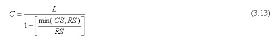 Equation 3.13. Cycle length, or C, quals the product of L divided by 1 minus the product of min times CS,RS divided by RS.