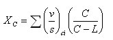 The critical volume to capacity ratio, or X sub C, equals the summation of flow ratios for all critical lane groups i times the total of C divided by the difference of C minus L.