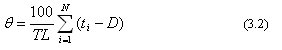 Equation 3.2. Raw occupancy equals 100 divided by the product of T and L times the summation of for i equals 1 to N and multiplied by the difference between t sub i and D.