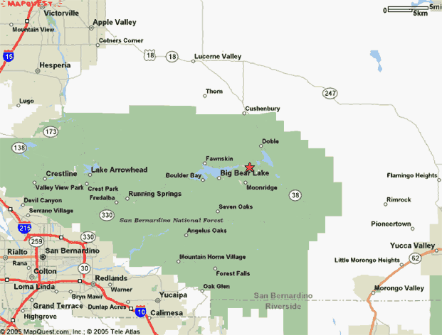 Map is a screenshot from Mapquest. com showing Big Bear Lake in the midst of the San Bernadino National Forest. Route 215 and Route 10 are on the far left of the map.