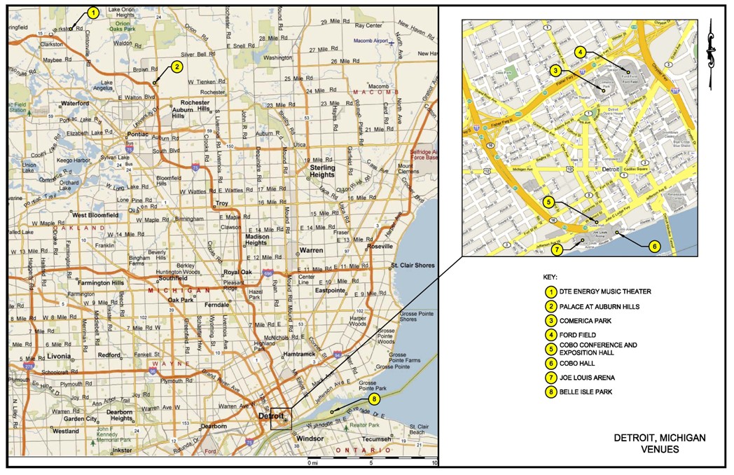 Map of Detroit identifying venues that host planned special events with more than 10,000 attendees.