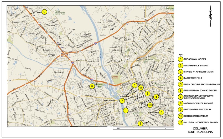 Map of the Columbia highlighting venue locations.