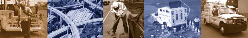 Road Ranger service vehicle and operator, an aerial view of highway overpasses, Transportation operator fixing a wheel rim, truck and emergency equipment, and a service truck