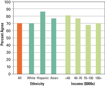 Graph. A bar graph showing the public acceptance of the I-15 high-occupancy toll lanes by income group and ethnicity.