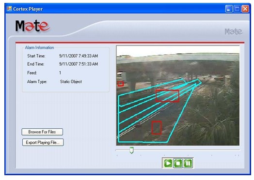 A bridge during daylight hours with blue highlighted locations around the structure that indicate areas in which special tests have been defined and smaller, red highlighted boxes where an alarm has been triggered.