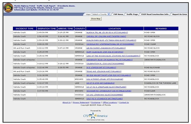 Screenshot of the FHP Traffic Crash Report Web Site.