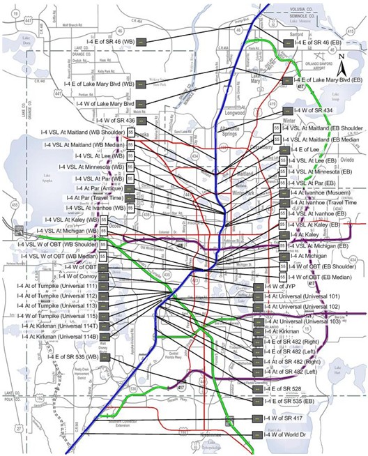 Map highlighting DMS locations on a 50-mile portion of I-4 running from SR 417 south of Orlando to I-95.