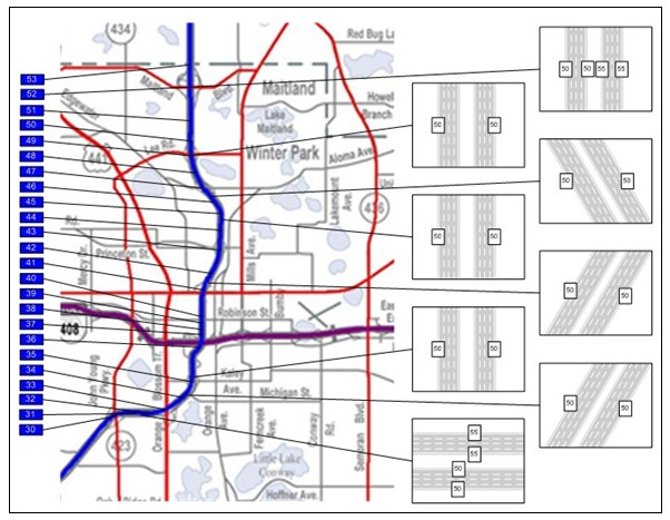 Map identifying locations of VSL signs deployed along a 9 mile portion of I-4 in Orlando.