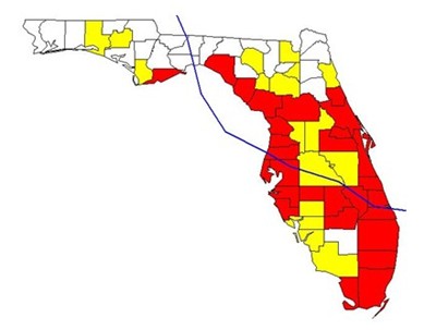 Map of Florida and its counties showing the track of hurricane Francesas running diagonally from south east to north west across the peninsula.