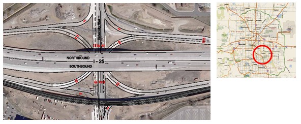 Aerial view of I-25 the interchange in Denver, CO. Small map to the right of the photo shows the interchange area.