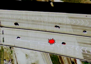 Image depicting an incident scenario of a lane-blocking, injury crash.