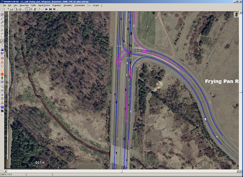 Figure 3-7. Figure showing screen dump of VISSIM network display. The display, which is superimposed on the aerial photo described in Figure 3-1, shows the centerlines of the VISSIM links and connectors.