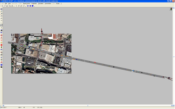 igure 3-13. Screen capture from VISSIM showing the simulated network, including a long approach leading into westbound Commerce for storing the residual queue.