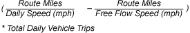 Route Miles divided by Daily Speed in miles per hour minus Route Miles divided by Free Flow Speed in miles per hour, all multiplied by Total Daily Vehicle Trips