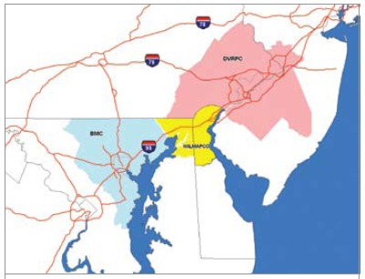 Map highlighting the WILMAPCO region where it lies between the DVRPC and the BMC.