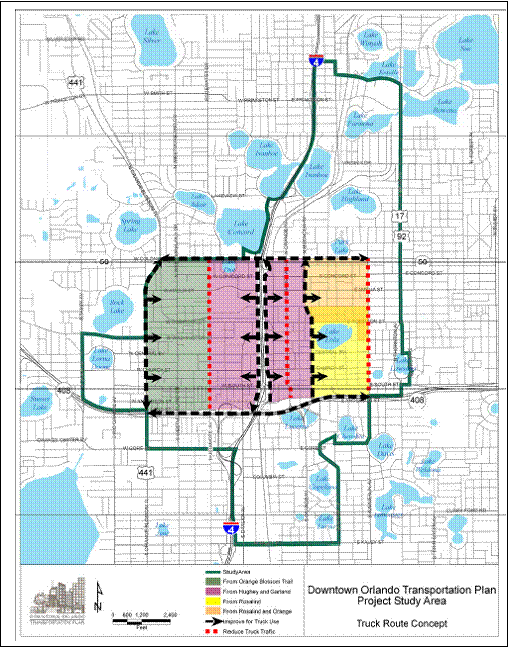 Figure 2, City of Orlando Truck Route System. This figure illustrates the four roads that the City of Orlando designated as truck routes. The roads are SR 50, SR 408, US 441/Orange Blossom Trail, and Rosalind/Magnolia Avenue. Drivers are required to use one of the routes to reach the north-south road that is closest to their destination.