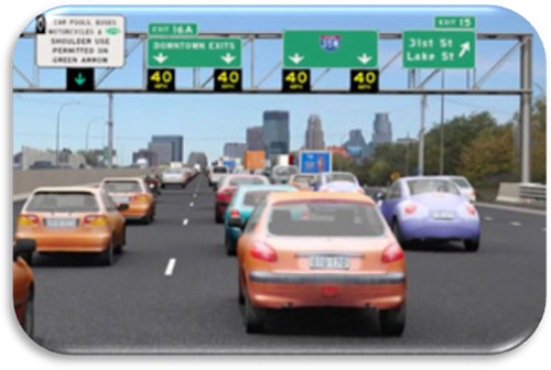 Figure 12. Graphic. Open Priced Dynamic Shoulder Lane-Minneapolis, Minnesota. Illustration of the left priced dynamic shoulder lane open to traffic on a Minnesota urban freeway.